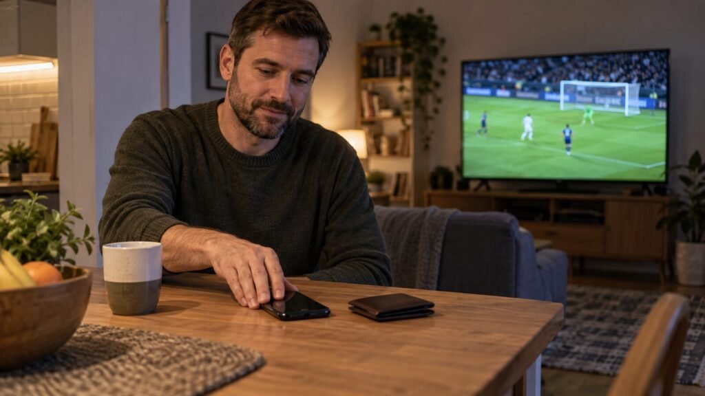 Poner el límite antes que la cuota Aficionado limita sus apuestas mientras observa un partido de fútbol