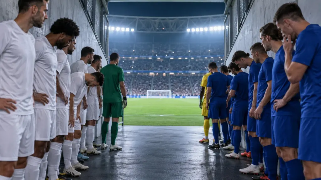 Dos equipos de fútbol vinculados esperan en el mismo túnel antes de competir