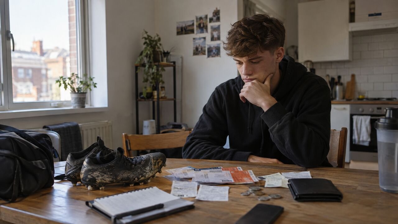 Futbolista joven calculando el coste económico de perseguir una academia