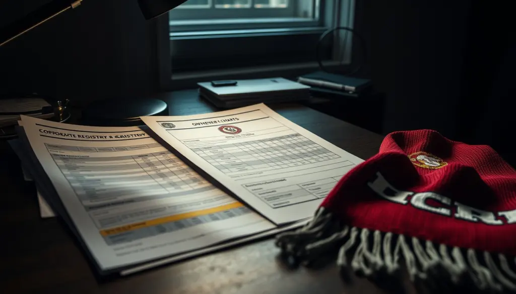 Documentos de sociedades y registros mercantiles de clubes de fútbol sobre una mesa