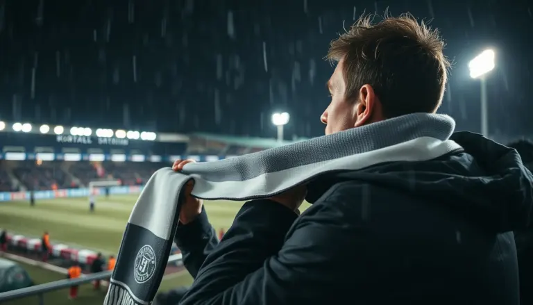 Multipropiedad en el fútbol: hincha preocupado frente a un estadio bajo la lluvia