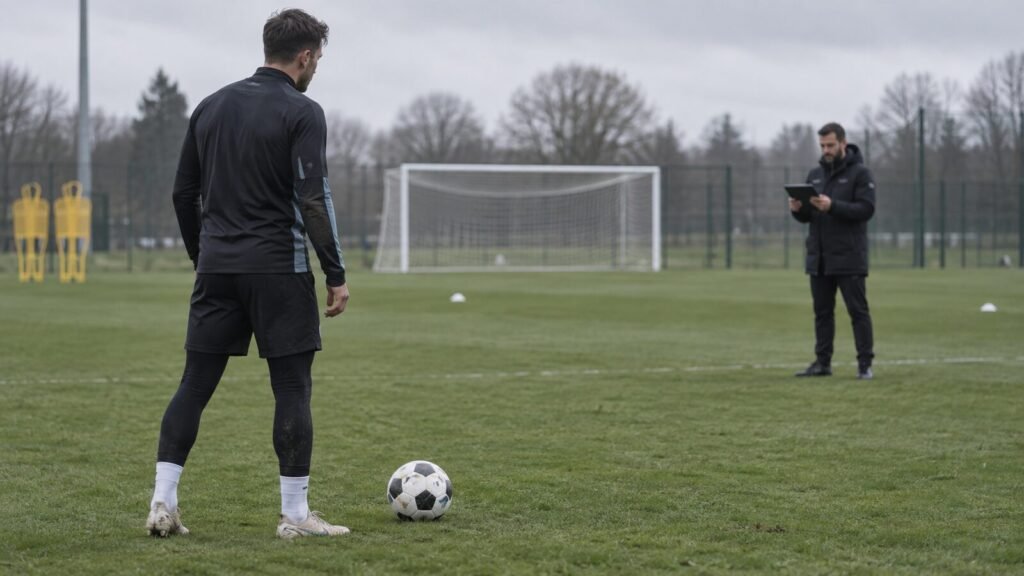 Futbolista observado por un analista durante un entrenamiento de fútbol