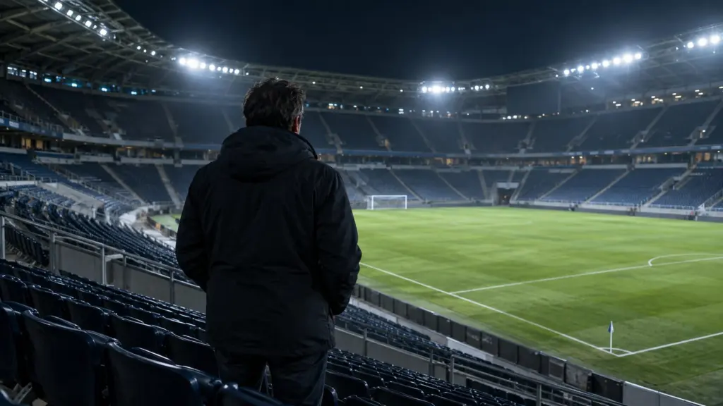 Hincha solitario en la grada vacía de un estadio de fútbol de noche