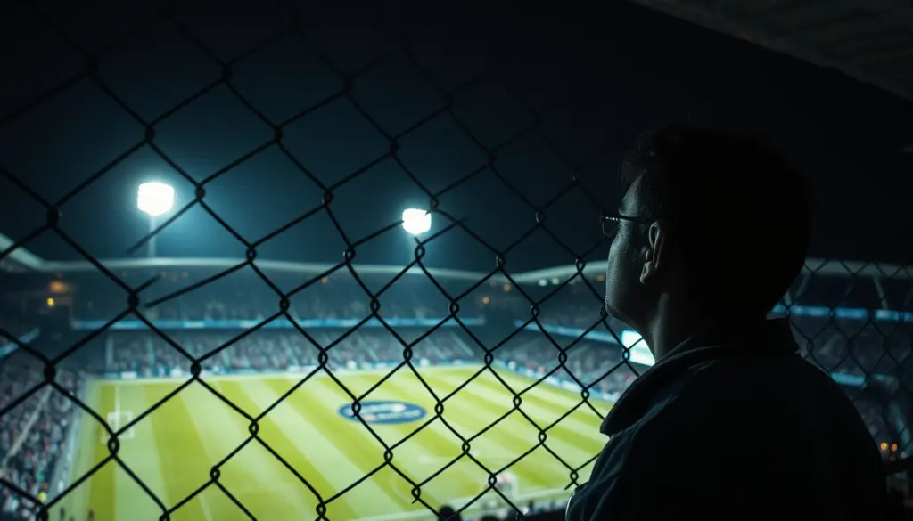 Hincha solitario observando la estructura imponente de un estadio moderno