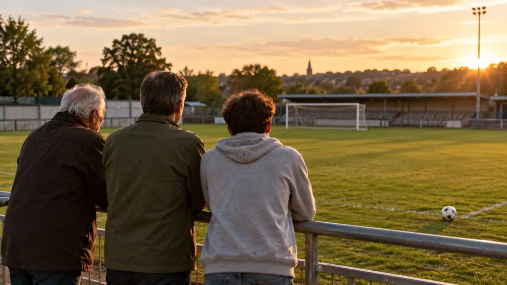 Tres generaciones de hinchas observan el campo de su club de fútbol