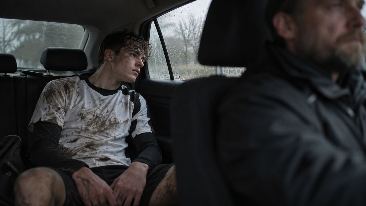 Joven futbolista en silencio dentro del coche después de un partido