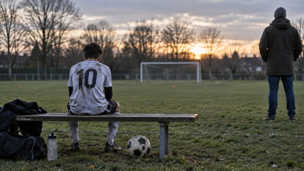 Joven futbolista sentado tras entrenar mientras un adulto espera a distancia