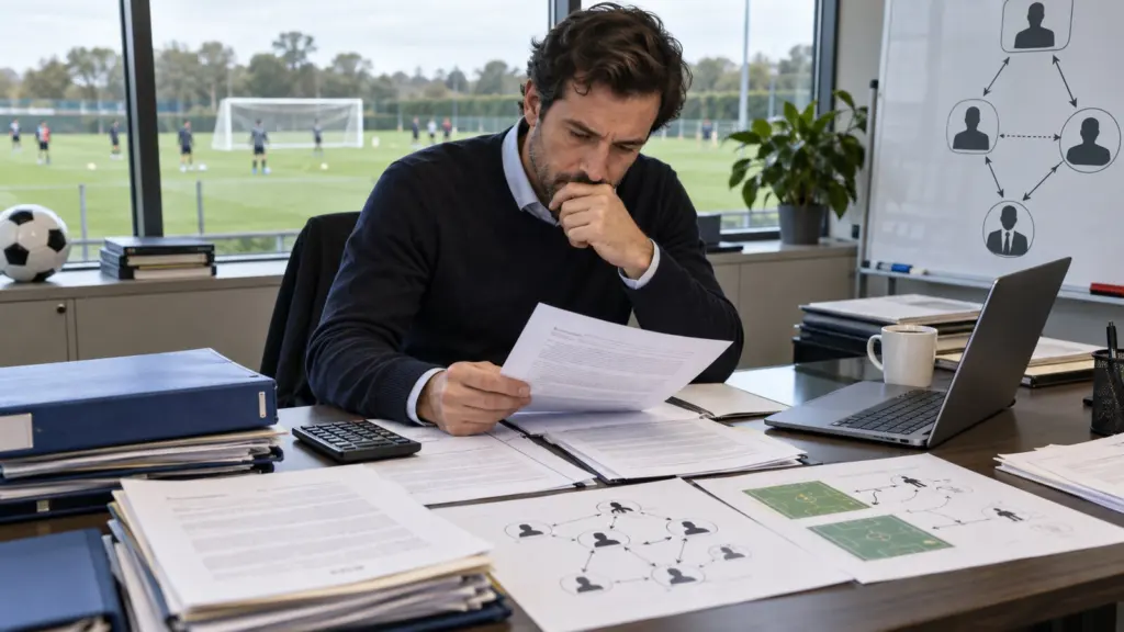 Analista revisando contratos y relaciones financieras entre clubes de fútbol
