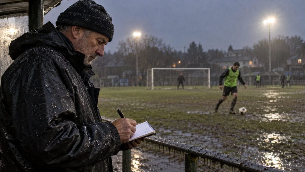 Ojeador de fútbol toma notas junto a un campo bajo la lluvia