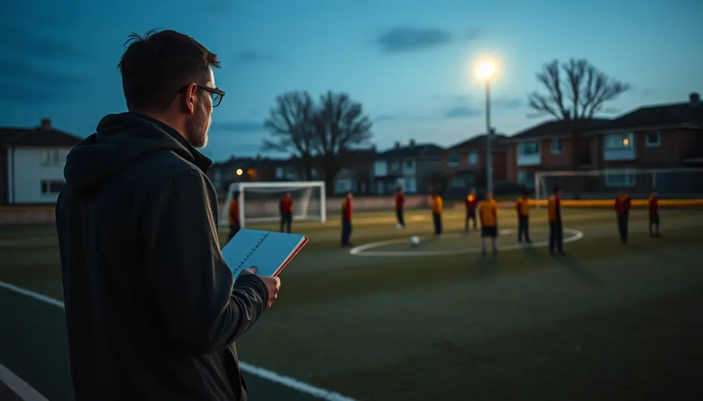 Ojeador observando a juveniles de fútbol en un entrenamiento al atardecer