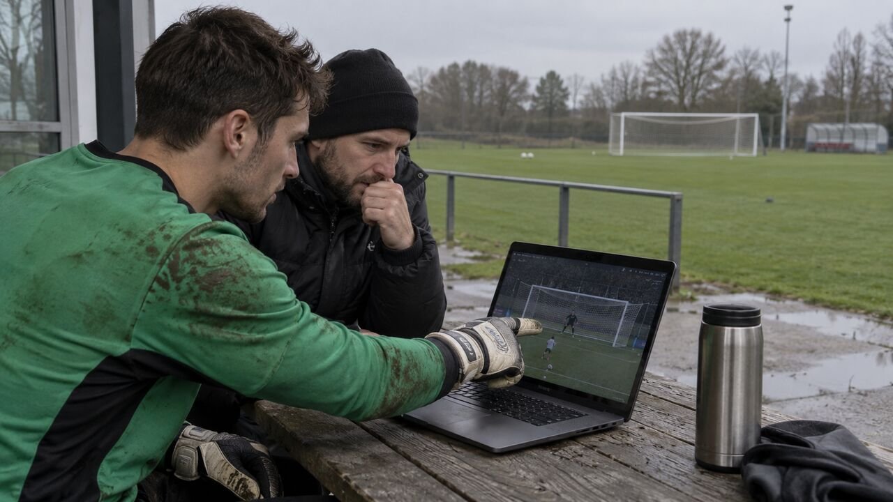 Portero y analista revisando penales en video después del entrenamiento