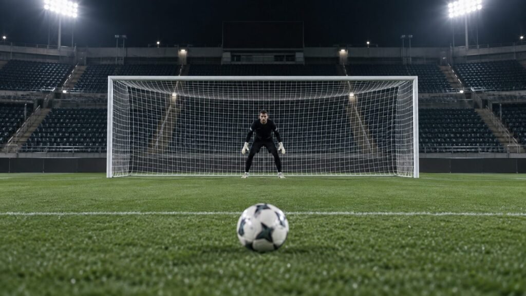 Portero de fútbol espera centrado ante un lanzamiento penal