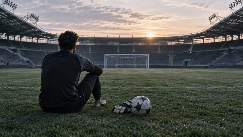 Portero reflexiona solo frente a la portería después del entrenamiento