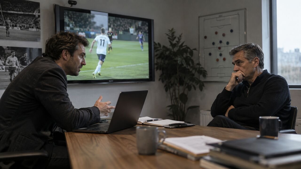 Agente mostrando un video editado de un futbolista a un director deportivo